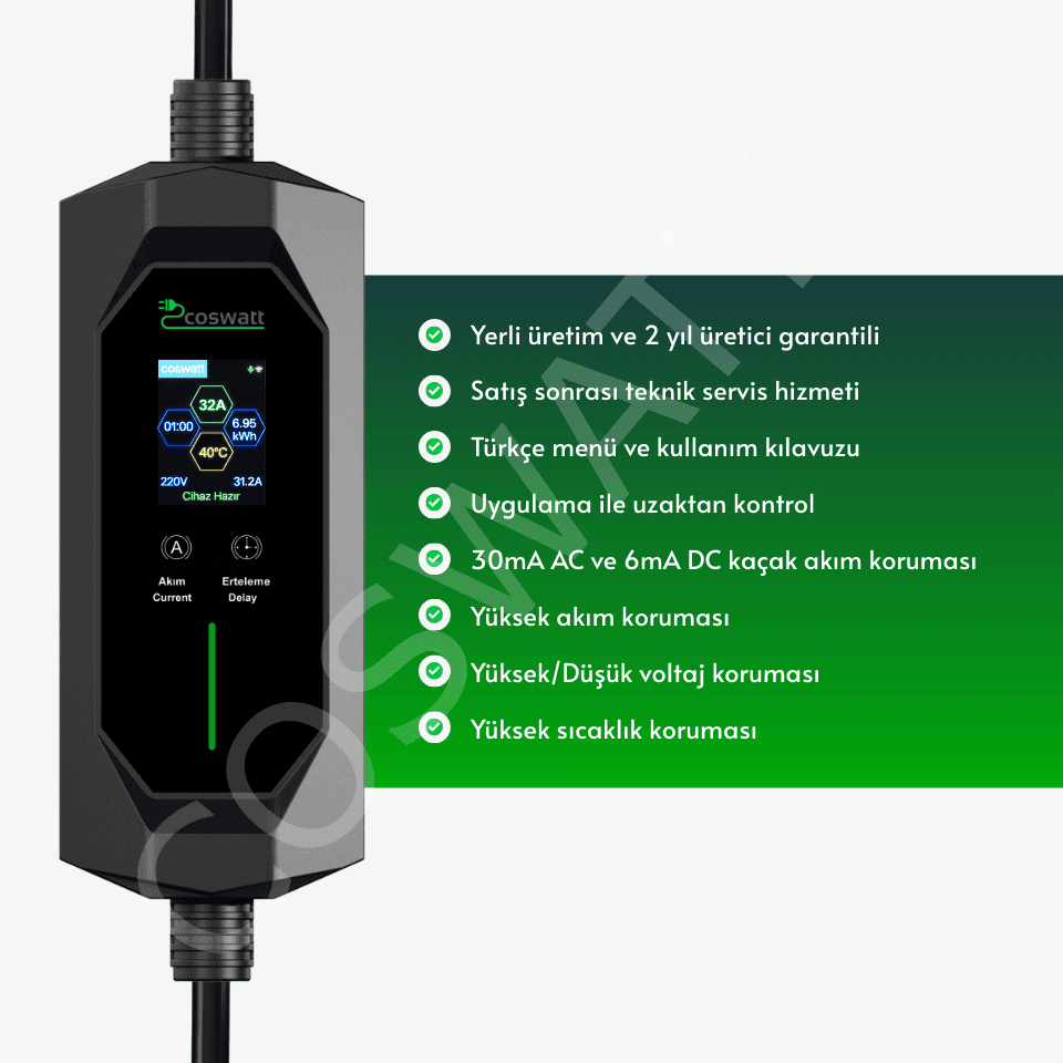 Coswatt CS-P1-32A 7.4 kW Taşınabilir EV Şarj Cihazı (8 metre) - 2