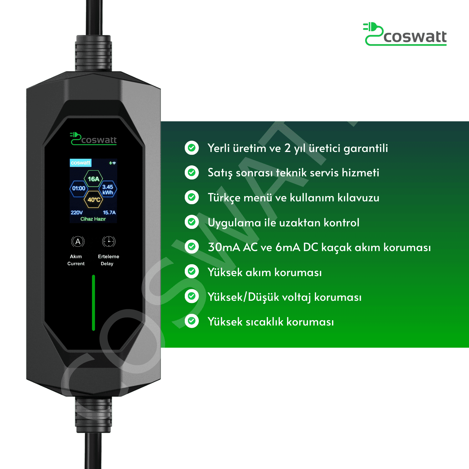 Coswatt CS-P1-16A 3.5 kW Taşınabilir EV Şarj Cihazı (10 metre) - 3